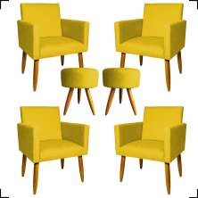Kit 4 Poltronas Decorativas Para Sala Nina + 2 Puff Redondo Suede Amarelo Pé Castanho - Clique E Decore