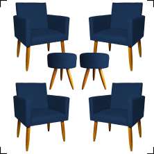 Kit 4 Poltronas Decorativas Para Sala Nina + 2 Puff Redondo Suede Azul Marinho Pé Castanho - Clique E Decore