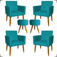 Kit 4 Poltronas Decorativas Para Sala Nina + 2 Puff Redondo Suede Azul Turquesa Pé Castanho - Clique E Decore