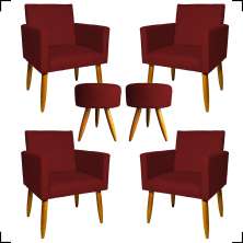 Kit 4 Poltronas Decorativas Para Sala Nina + 2 Puff Redondo Suede Bordô Pé Castanho - Clique E Decore