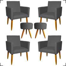 Kit 4 Poltronas Decorativas Para Sala Nina + 2 Puff Redondo Suede Cinza Pé Castanho - Clique E Decore