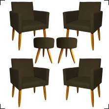 Kit 4 Poltronas Decorativas Para Sala Nina + 2 Puff Redondo Suede Marrom Pé Castanho - Clique E Decore
