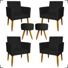 Kit 4 Poltronas Decorativas Para Sala Nina + 2 Puff Redondo Suede Preto Pé Castanho - Clique E Decore