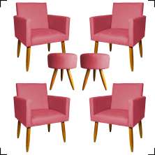 Kit 4 Poltronas Decorativas Para Sala Nina + 2 Puff Redondo Suede Rosê Pé Castanho - Clique E Decore