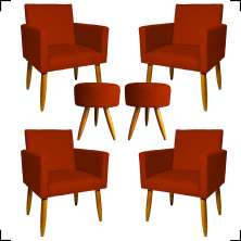 Kit 4 Poltronas Decorativas Para Sala Nina + 2 Puff Redondo Suede Terracota Pé Castanho - Clique E Decore