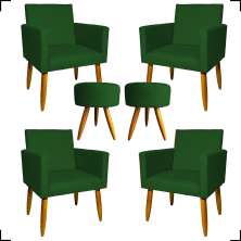 Kit 4 Poltronas Decorativas Para Sala Nina + 2 Puff Redondo Suede Verde Pé Castanho - Clique E Decore