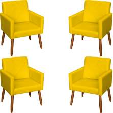Kit 4 Poltronas Decorativas Para Sala, Escritório, Recepção Beatriz Suede Amarelo Pé Castanho - Clique E Decore