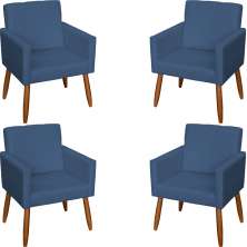 Kit 4 Poltronas Decorativas Para Sala, Escritório, Recepção Beatriz Suede Azul Marinho Pé Castanho - Clique E Decore