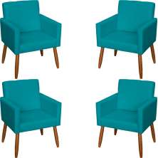 Kit 4 Poltronas Decorativas Para Sala, Escritório, Recepção Beatriz Suede Azul Turquesa Pé Castanho - Clique E Decore
