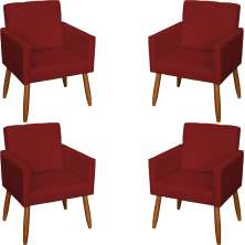 Kit 4 Poltronas Decorativas Para Sala, Escritório, Recepção Suede Bordô Pé Castanho - Clique E Decore