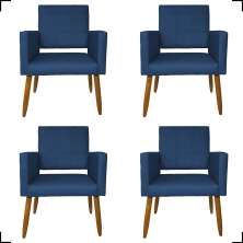 Kit 4 Poltronas Decorativas Para Sala, Manicure, Quarto Isa Suede Azul Marinho Pé Castanho - Clique E Decore