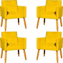 Kit 4 Poltronas Decorativas Para Sala, Manicure, Quarto, Nina Suede Amarelo Pé Castanho - Clique E Decore