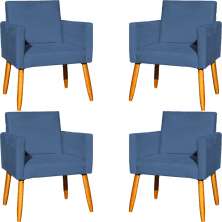 Kit 4 Poltronas Decorativas Para Sala, Manicure, Quarto, Nina Suede Azul Marinho Pé Castanho - Clique E Decore
