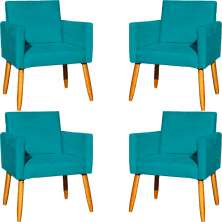 Kit 4 Poltronas Decorativas Para Sala, Manicure, Quarto, Nina Suede Azul Turquesa Pé Castanho - Clique E Decore