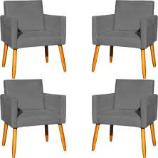 Kit 4 Poltronas Decorativas Para Sala, Manicure, Quarto, Nina Suede Cinza Pé Castanho - Clique E Decore