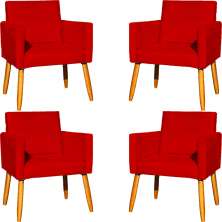 Kit 4 Poltronas Decorativas Para Sala, Manicure, Quarto, Nina Suede Vermelho Pé Castanho - Clique E Decore