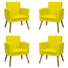 Kit 4 Poltronas Decorativas Reforçadas Para Sala Nina Com Base Suede Amarelo Pé Castanho - Clique E Decore