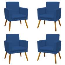 Kit 4 Poltronas Decorativas Reforçadas Para Sala Nina Com Base Suede Azul Marinho Pé Castanho - Clique E Decore