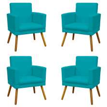 Kit 4 Poltronas Decorativas Reforçadas Para Sala Nina Com Base Suede Azul Turquesa Pé Castanho - Clique E Decore