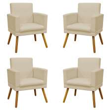 Kit 4 Poltronas Decorativas Reforçadas Para Sala Nina Com Base Suede Bege Pé Castanho - Clique E Decore