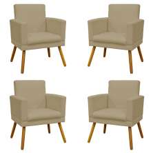 Kit 4 Poltronas Decorativas Reforçadas Para Sala Nina Com Base Suede Nude Pé Castanho - Clique E Decore