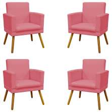 Kit 4 Poltronas Decorativas Reforçadas Para Sala Nina Com Base Suede Rosê Pé Castanho - Clique E Decore