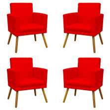 Kit 4 Poltronas Decorativas Reforçadas Para Sala Nina Com Base Suede Vermelho Pé Castanho - Clique E Decore
