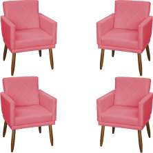 Kit 4 Poltronas Para Sala Decorativas E Confortáveis Beatriz Com Base Suede Rosê Pé Castanho - Clique E Decore