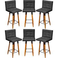Kit 6 Banquetas Grace Alta Para Areá Gourmet Corino Preto Pé Castanho - Clique E Decore