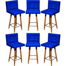 Kit 6 Banquetas Grace Alta Para Areá Gourmet E Balcão Área Gourmet Corino Azul Royal Pé Castanho - Clique E Decore