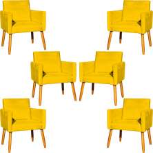 Kit 6 Poltronas Decorativas Confortáveis Para Sala Nina Suede Amarelo Pé Castanho - Clique E Decore