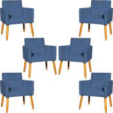 Kit 6 Poltronas Decorativas Confortáveis Para Sala Nina Suede Azul Marinho Pé Castanho - Clique E Decore