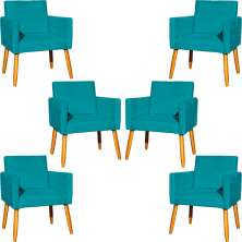 Kit 6 Poltronas Decorativas Confortáveis Para Sala Nina Suede Azul Turquesa Pé Castanho - Clique E Decore