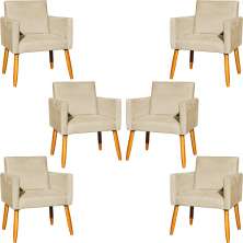 Kit 6 Poltronas Decorativas Confortáveis Para Sala Nina Suede Bege Pé Castanho - Clique E Decore