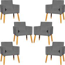 Kit 6 Poltronas Decorativas Confortáveis Para Sala Nina Suede Cinza Pé Castanho - Clique E Decore