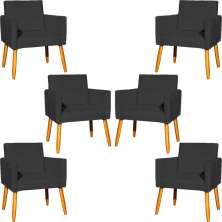 Kit 6 Poltronas Decorativas Confortáveis Para Sala Nina Suede Preto Pé Castanho - Clique E Decore