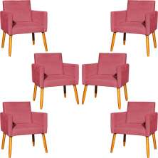 Kit 6 Poltronas Decorativas Confortáveis Para Sala Nina Suede Rosê Pé Castanho - Clique E Decore