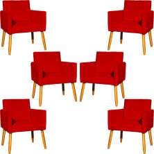 Kit 6 Poltronas Decorativas Confortáveis Para Sala Nina Suede Vermelho Pé Castanho - Clique E Decore