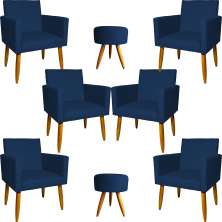 Kit 6 Poltronas Decorativas Para Sala, Recepção Nina + 2 Puff Redondo Suede Azul Marinho Pé Castanho - Clique E Decore