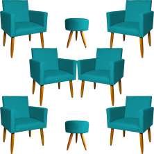Kit 6 Poltronas Decorativas Para Sala, Recepção Nina + 2 Puff Redondo Suede Azul Turquesa Pé Castanho - Clique E Decore
