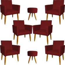 Kit 6 Poltronas Decorativas Para Sala, Recepção Nina + 2 Puff Redondo Suede Bordo Pé Castanho - Clique E Decore