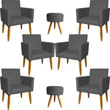 Kit 6 Poltronas Decorativas Para Sala, Recepção Nina + 2 Puff Redondo Suede Cinza Pé Castanho - Clique E Decore