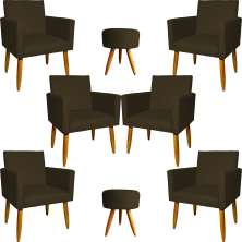 Kit 6 Poltronas Decorativas Para Sala, Recepção Nina + 2 Puff Redondo Suede Marrom Pé Castanho - Clique E Decore
