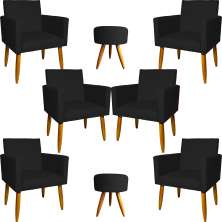 Kit 6 Poltronas Decorativas Para Sala, Recepção Nina + 2 Puff Redondo Suede Preto Pé Castanho - Clique E Decore
