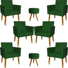 Kit 6 Poltronas Decorativas Para Sala, Recepção Nina + 2 Puff Redondo Suede Verde Pé Castanho - Clique E Decore