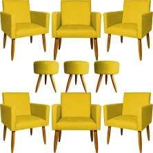 Kit 6 Poltronas Decorativas Para Sala, Recepção Nina + 3 Puff Redondo Suede Amarelo Pé Castanho - Clique E Decore