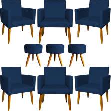 Kit 6 Poltronas Decorativas Para Sala, Recepção Nina + 3 Puff Redondo Suede Azul Marinho Pé Castanho - Clique E Decore