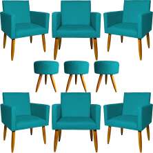 Kit 6 Poltronas Decorativas Para Sala, Recepção Nina + 3 Puff Redondo Suede Azul Turquesa Pé Castanho - Clique E Decore