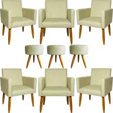 Kit 6 Poltronas Decorativas Para Sala, Recepção Nina + 3 Puff Redondo Suede Bege Pé Castanho - Clique E Decore