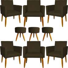 Kit 6 Poltronas Decorativas Para Sala, Recepção Nina + 3 Puff Redondo Suede Marrom Pé Castanho - Clique E Decore